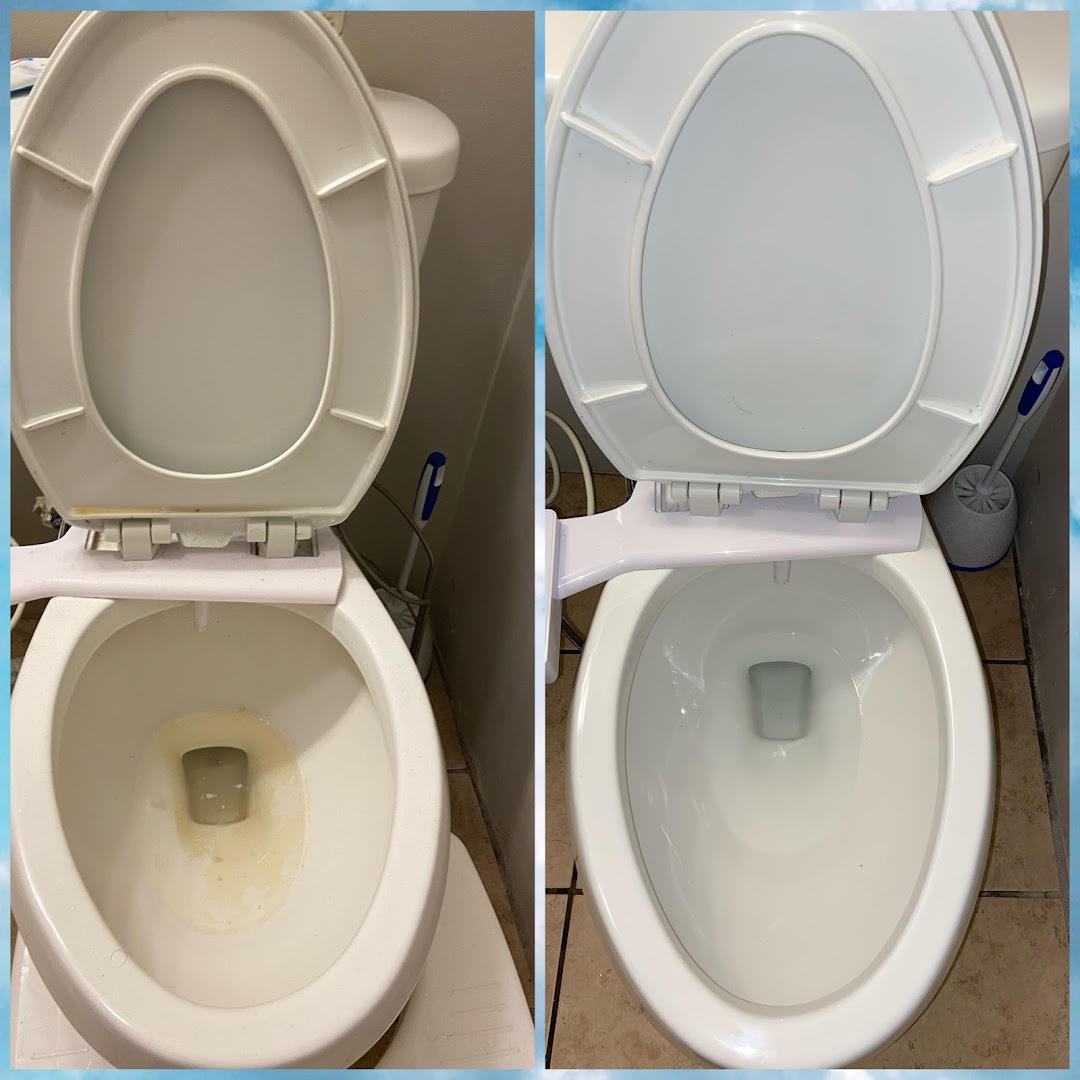 Before and after comparison of a bathroom toilet, showing heavy staining removed and the surface restored to bright white